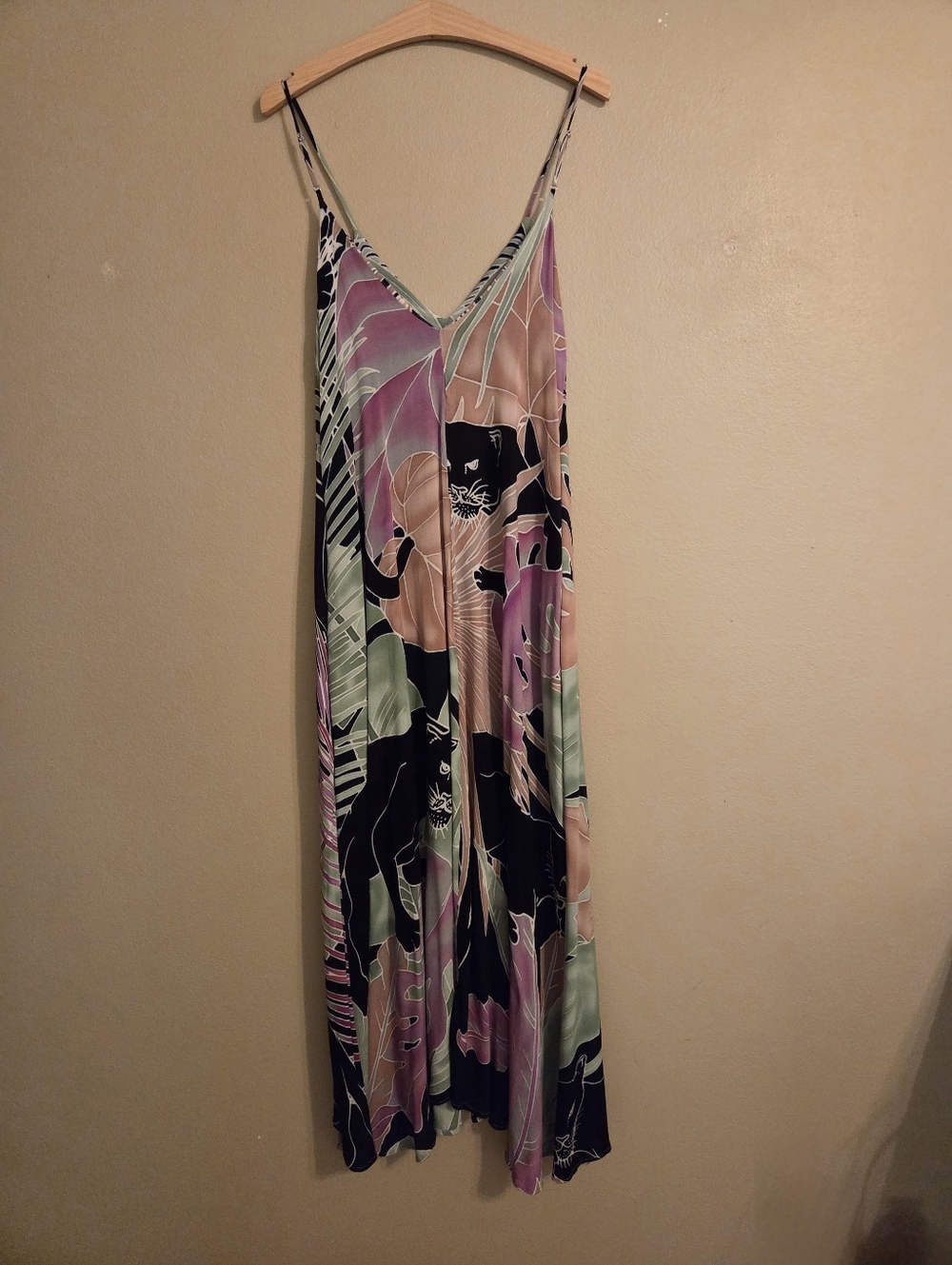 INDAH Pastel Tropical Black Panther Print Spaghetti Strap Maxi Summer Dress‎ S/M